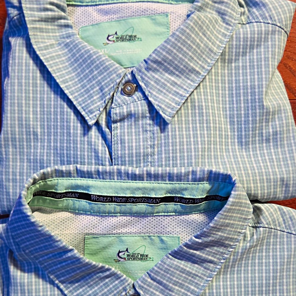World Wide Sportsman Mens 2XL Blue/White Plaid Breathable Mesh Fishing Shirt LS